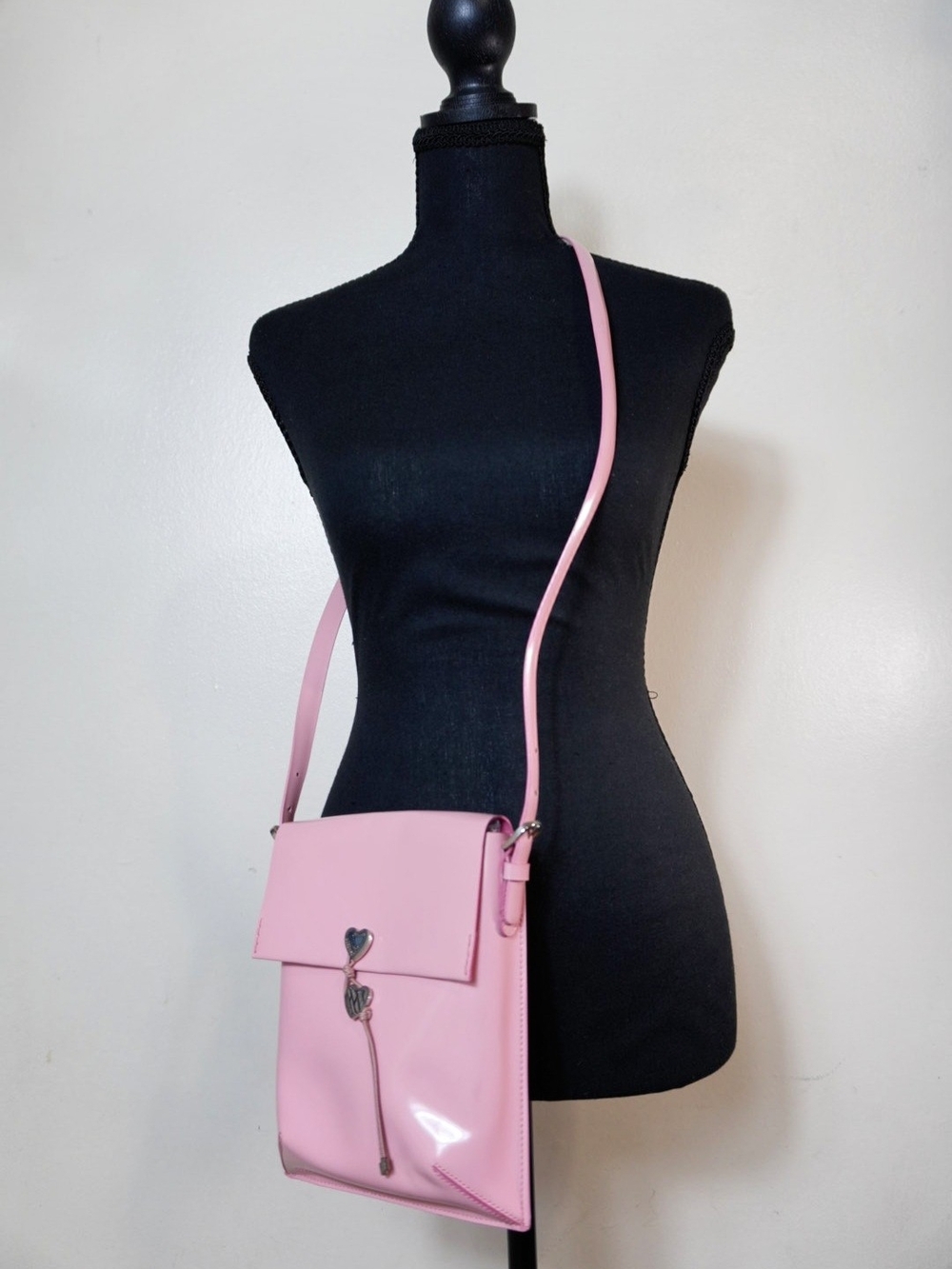Moschino Patent Leather Crossbody Bag Pink with Heart Charm